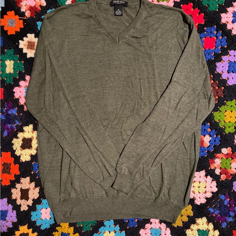 Murano Men's V-Neck Sweater in Olive Green